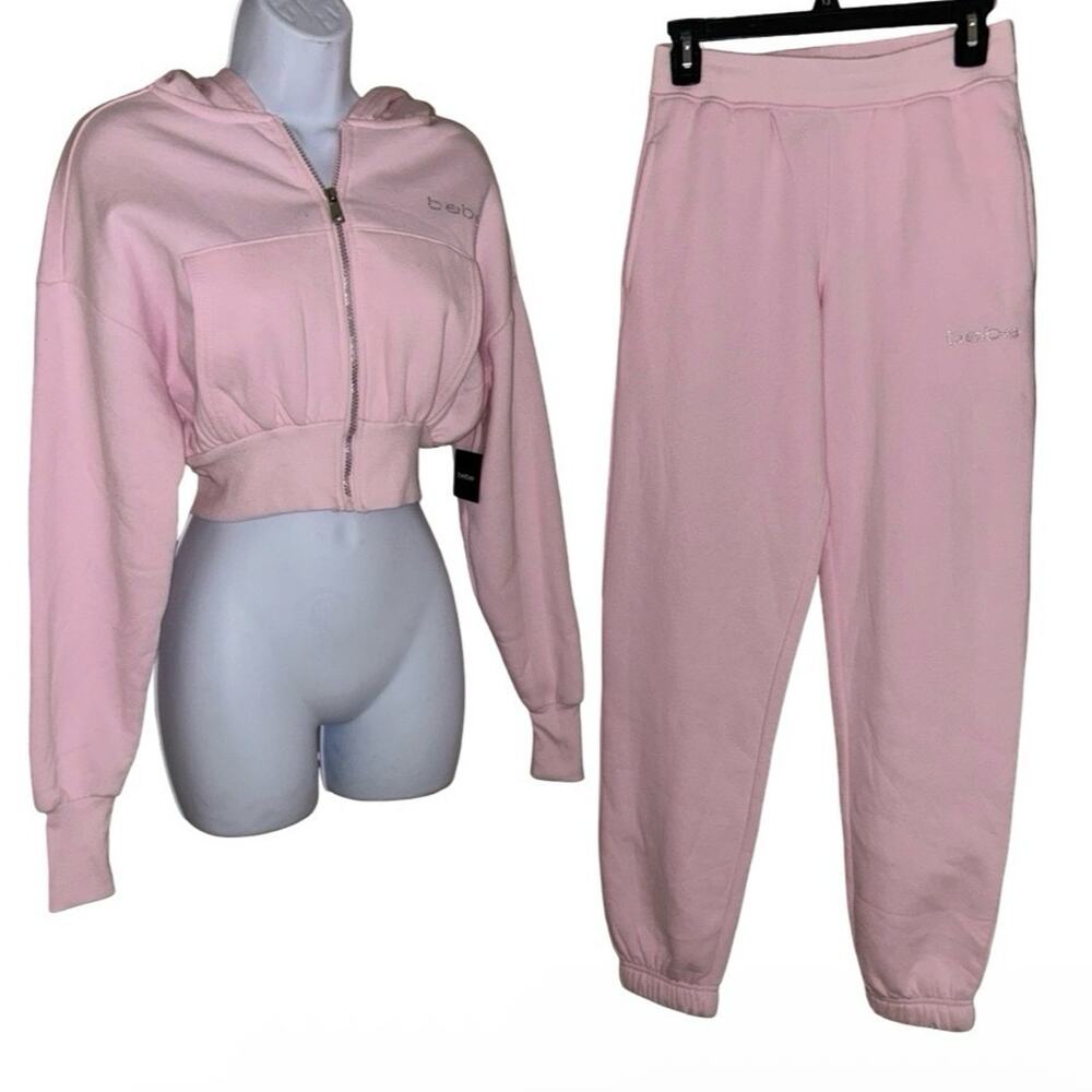 BEBE LACE PINK BLING CLEAR RHINESTONE FLEECE JOGGER TRACKSUIT SWEATSUIT XS NWT